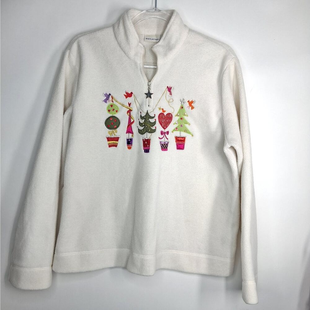 White Stag Fleece Christmas Top Women's Size Large 12 / 14 Ivory Embroidered‎
